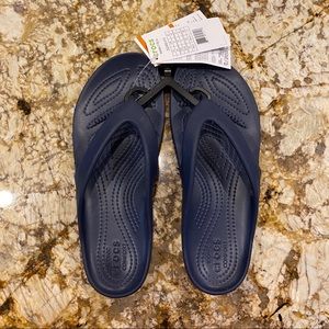 navy blue CROCS flip flops